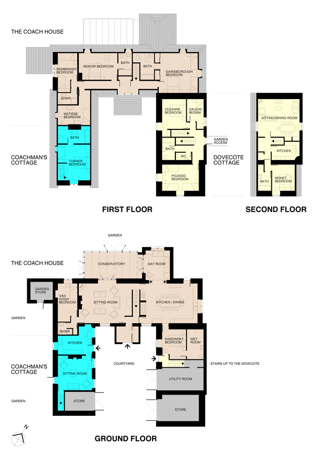 Floor plans and layouts for the Coach House and attached properties